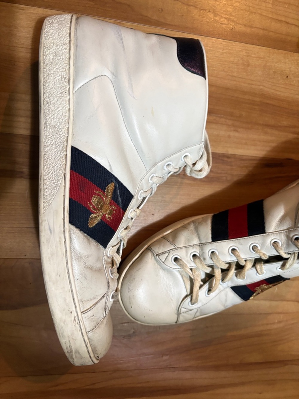 Gucci White Leather High-Top Sneakers with Red and Navy Stripe & Gold Bee